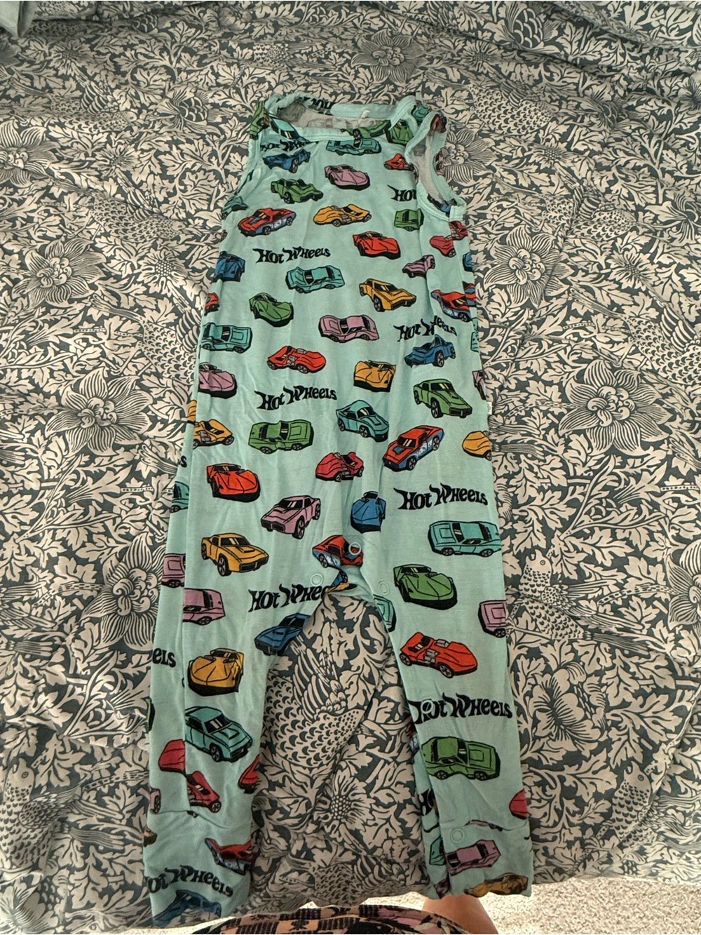 Posh Peanut x hot wheels Light Blue snap Romper with Multi-Color Car Print